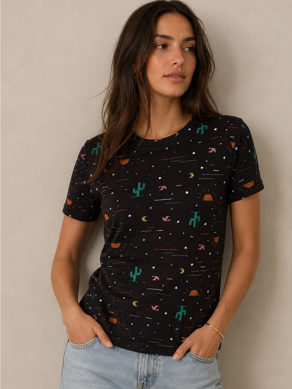Modern Lux Black Crewneck Cactus Sun Moon Short Sleeve T-Shirt Size XS